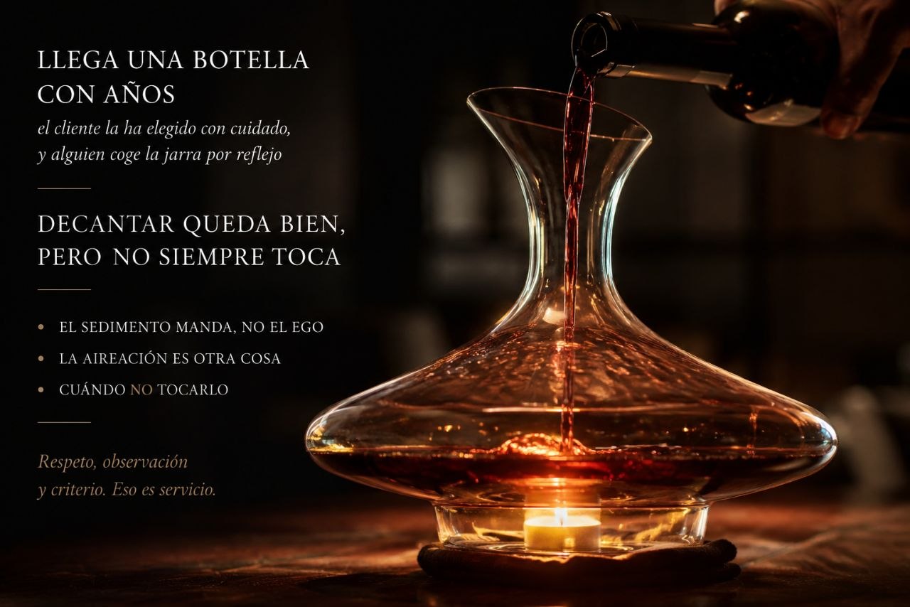Decantador de cristal sobre fondo oscuro con una vela encendida bajo la base; desde una botella inclinada cae un hilo de vino tinto que se abre contra la pared del cristal.