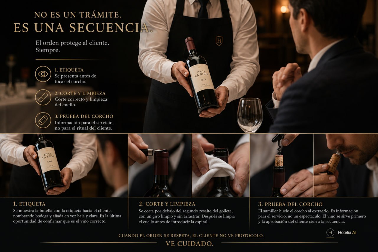 Composición sobre fondo oscuro con los tres pasos del descorche de un vino tranquilo: un sumiller presenta la botella con la etiqueta hacia el cliente, corta y limpia el gollete, y huele el corcho tras extraerlo. Bajo cada imagen, la explicación del paso.