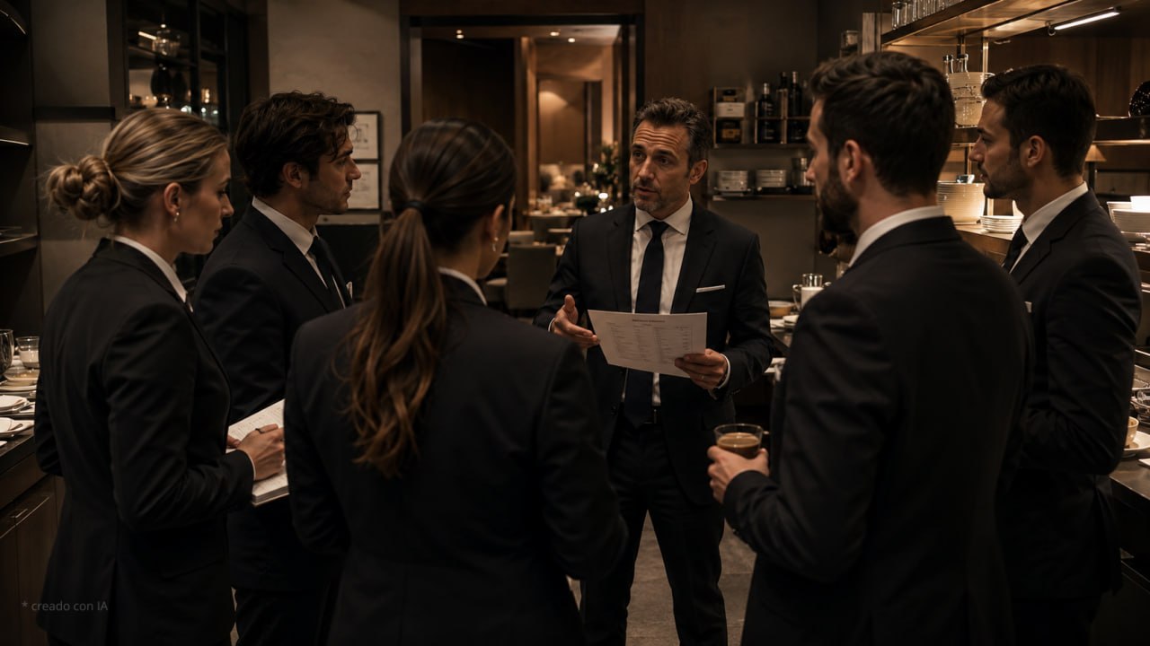 Briefing de equipo en el office de un restaurante antes del servicio: el maître, de pie con la hoja del día en la mano, habla a seis personas de sala en traje oscuro; uno sostiene un vaso de café y otra toma notas en una libreta. Al fondo, vajilla y copas preparadas en penumbra.