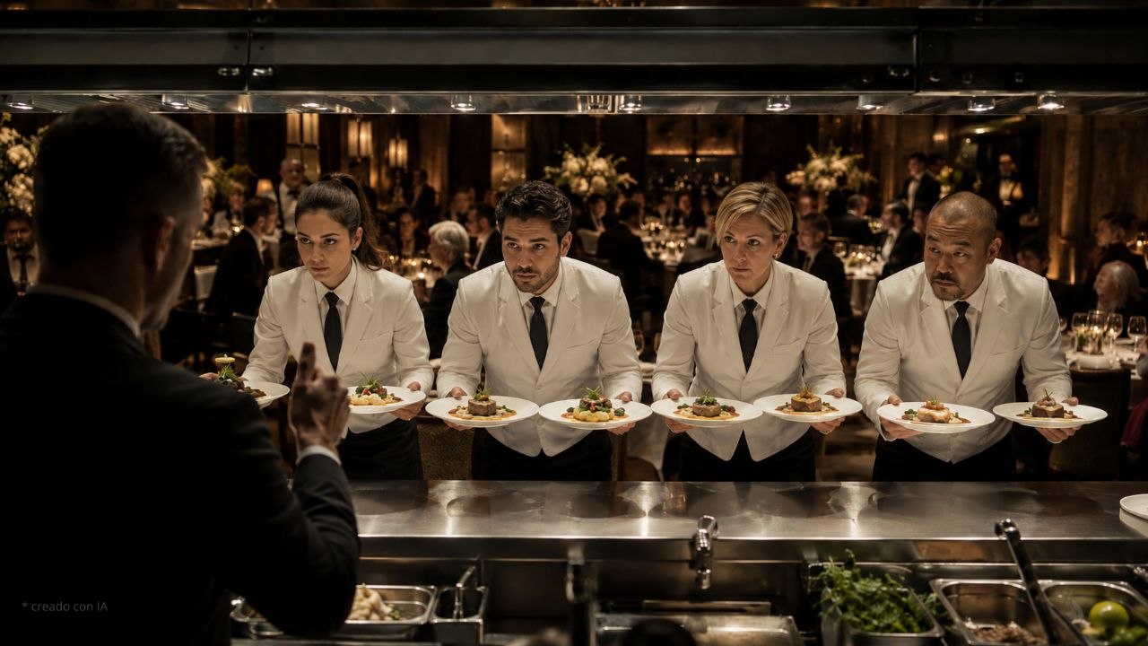 Pase de cocina de un restaurante de sala llena: cuatro camareros con chaquetilla blanca y corbata negra esperan alineados detrás del mostrador de acero, cada uno con dos platos emplatados en las manos, mirando al expedidor que, de espaldas en primer plano y de traje oscuro, levanta la mano para dar la señal de entrada.