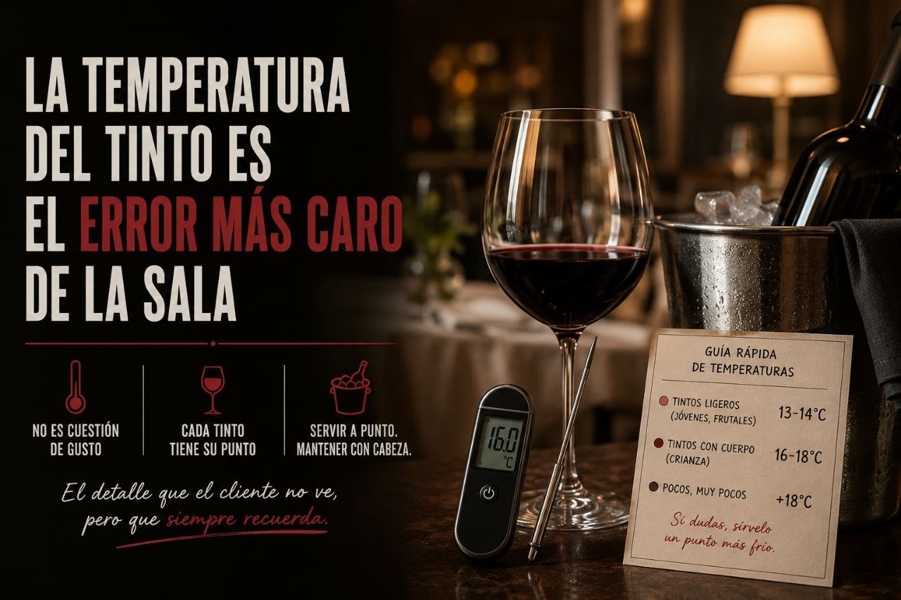Guía visual de la temperatura del tinto: termómetro marcando 16 grados junto a una copa y una cubitera; tintos ligeros 13-14 ºC, con cuerpo 16-18 ºC. Si dudas, sírvelo un punto más frío.